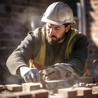 [5527623762] Realistic photo A mason with a focused expression examining a brick closely muted earth tones An outdoor